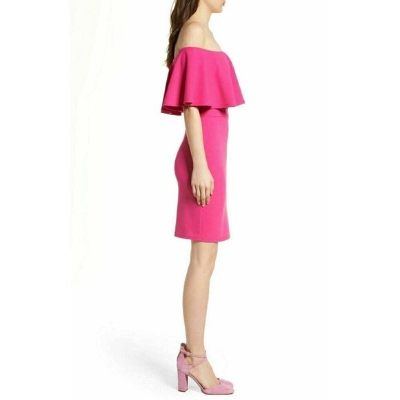 Soprano Womens Pink Ruffle Off-the-Shoulder Bodycon Dress Size S - Picture 7 of 13